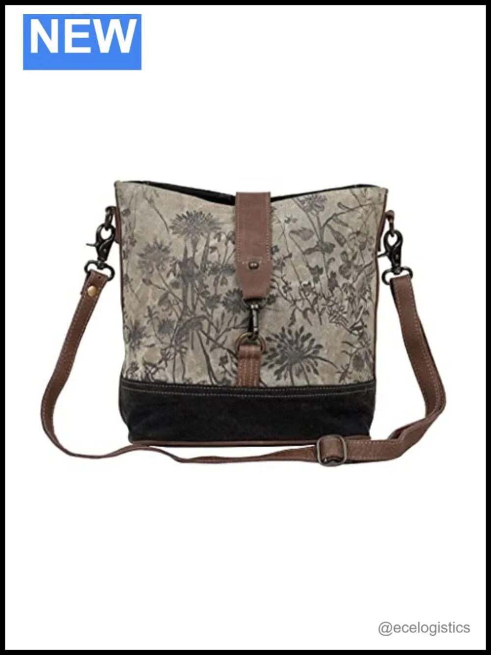 Women's Canvas Floral Shoulder Bag - Buffalo Leather Strap, Satchel Handbag